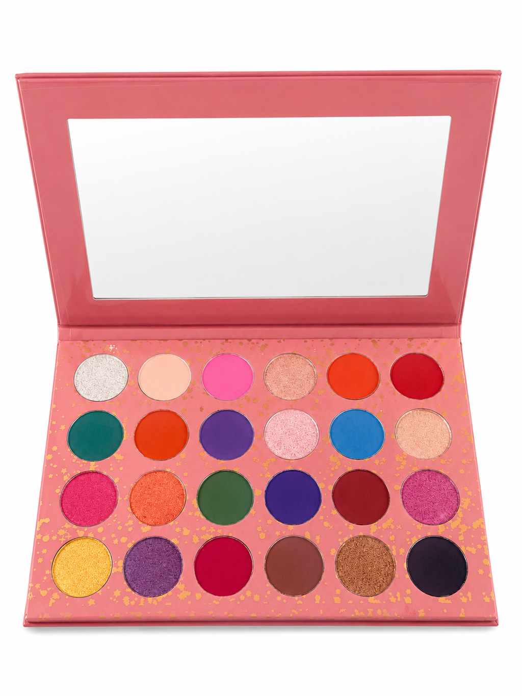 A 24-shade eyeshadow palette in a pink glittery case with a mirror in the lid, photographed against a plain white background.